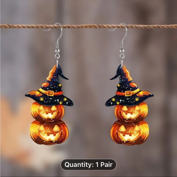 Earrings, NWT, Acrylic, Stainless Steel Posts, Day Of Dead Wizard Hat Pumpkin - Picture 5 of 6